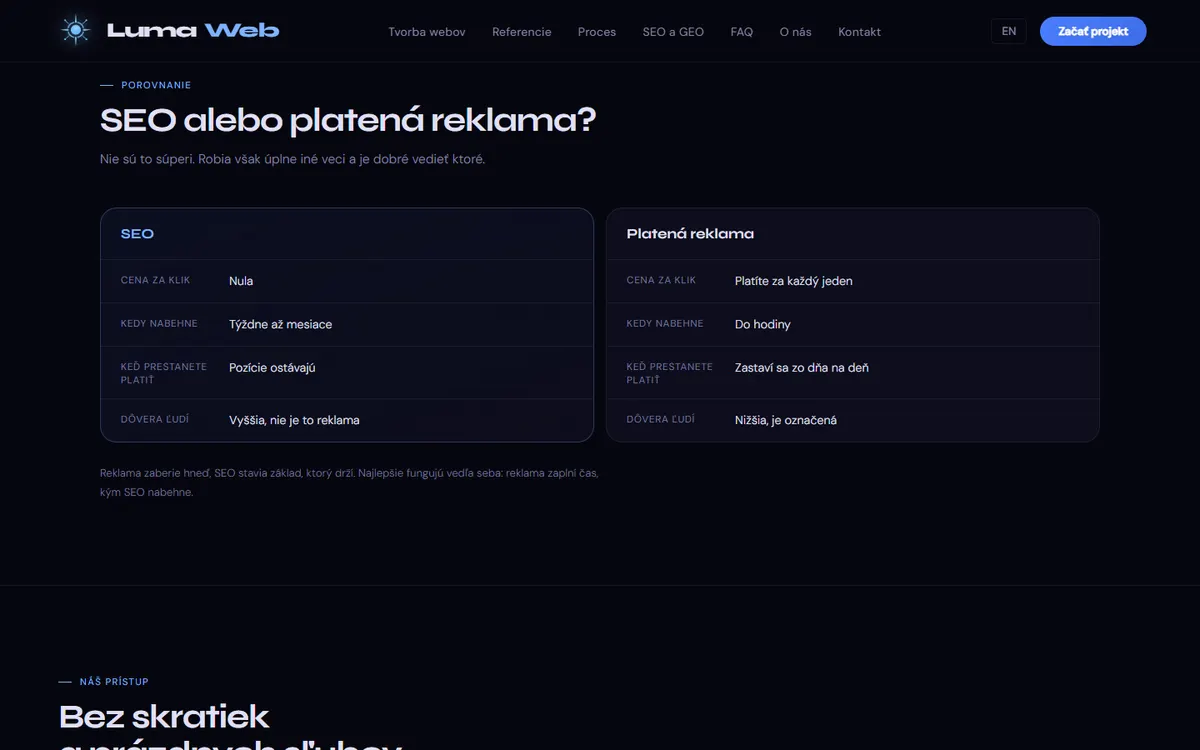 Porovnanie SEO a platenej reklamy na webe LumaWeb