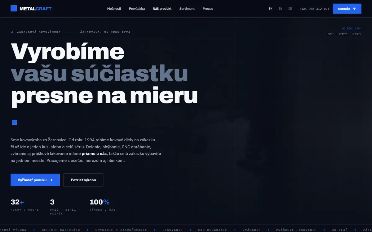 Úvod webu Metalcraft