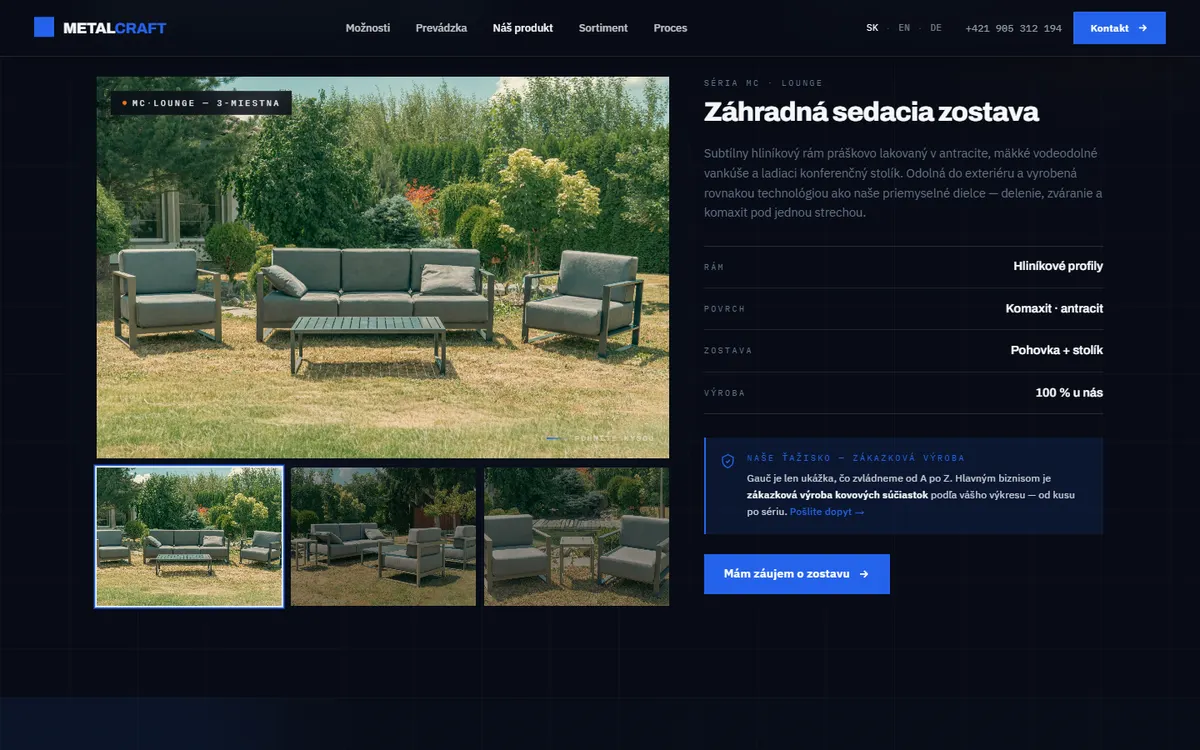 Vlastný produkt na webe Metalcraft: záhradná sedacia zostava s galériou