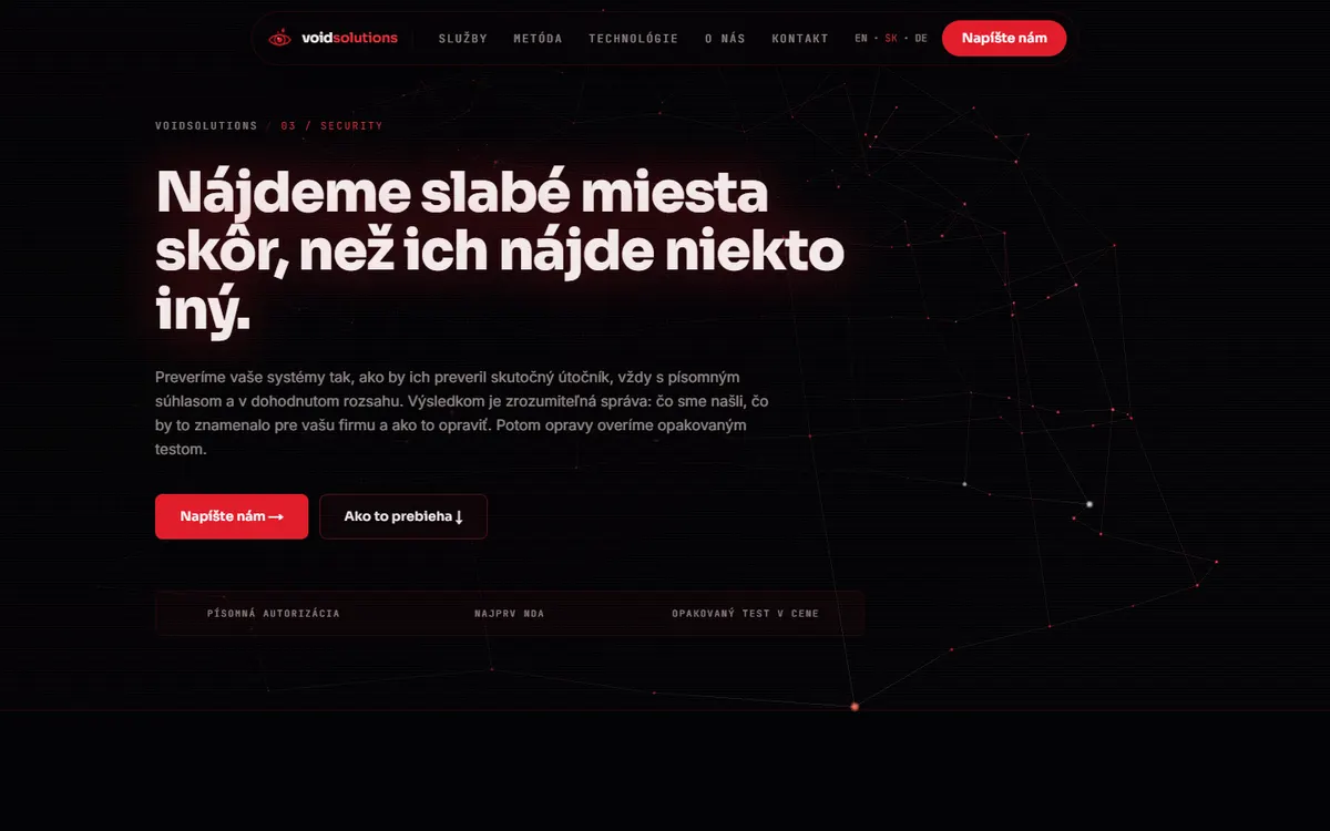 Stránka služby Ofenzívna bezpečnosť s vlastnou 3D scénou